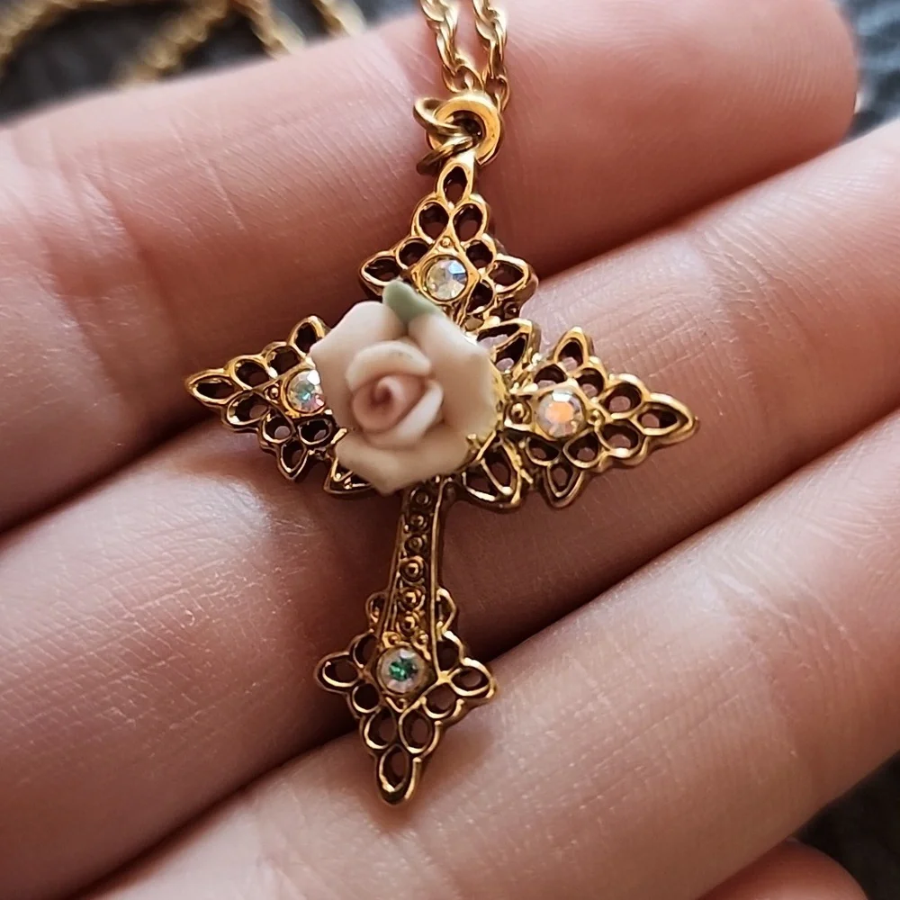 1928 Gold Necklace with Pink Rose Cross Pendant - Picture 4 of 10